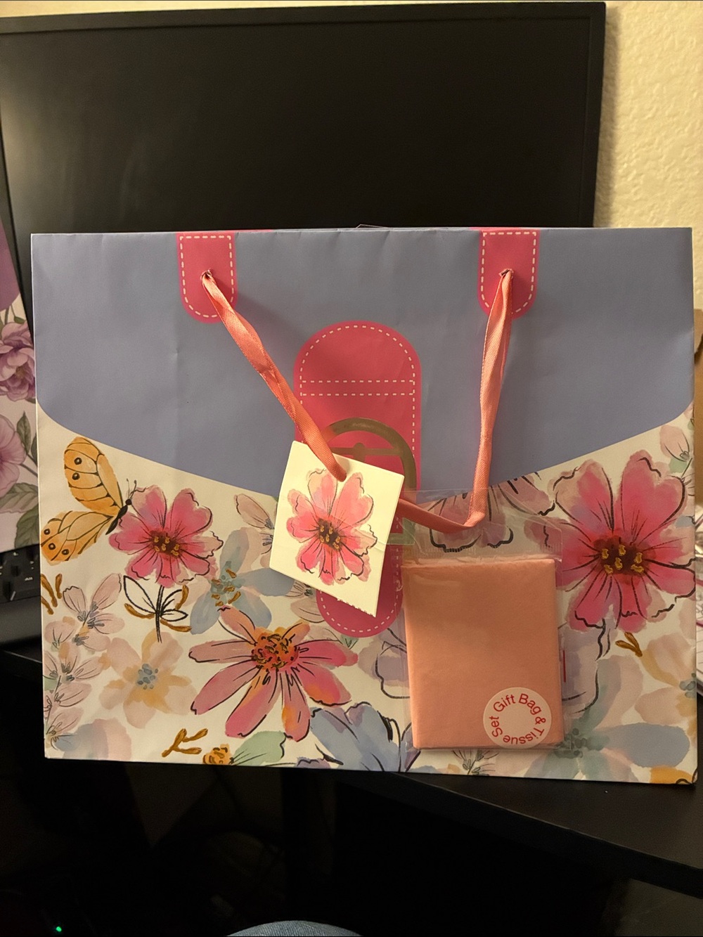 2 Floral Gift Bag Sets with Satin Ribbon Handles, Tissue Paper and Small Card - Picture 2 of 3
